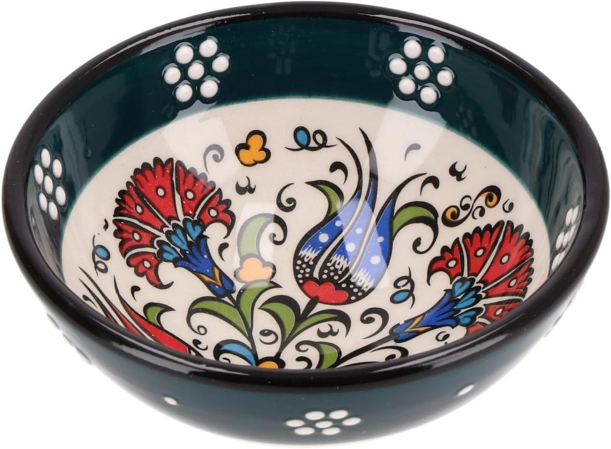 Blauwe Oosterse Keramische Kom met Handgeschilderd Uniek Patroon - Diameter: 12 cm