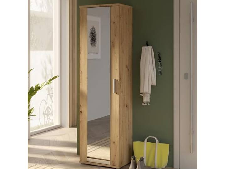 Forte NET106 Schuhschrank 50, schmaler Flurschrank mit 6 Einlegeböden und Spiegelfront, Flur, Diele, Holzwerkstoff, Artisan Eiche Holzdekor, 50,2 cm breit x 179,1 cm hoch x 34,8 cm tief