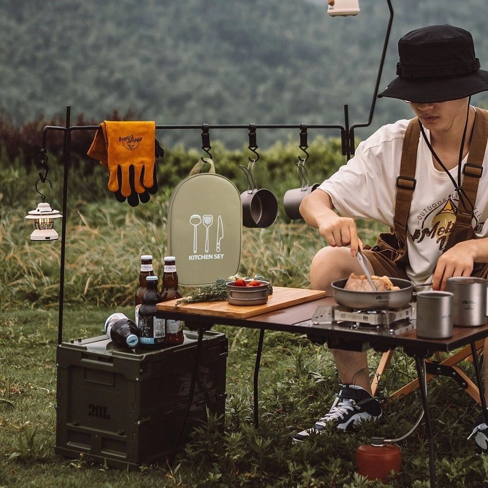 INF 12-teiliges tragbares Camping-Kochgeschirr-Set – Küchenhelfer aus Edelstahl mit Oxford-Stofftasche Khaki