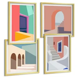 BILDER SET 4er Set - 50x50 cm & 40x60 cm Goldrahmen - Farbenfrohe moderne Gebäude