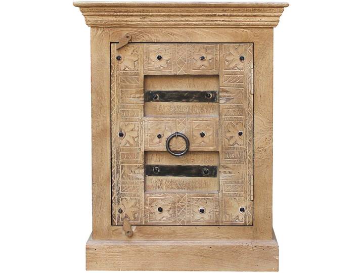 Nachtkommode SIT Almaty aus Mangoholz mit Schnitzereien & Tür , beige (natur), B:55cm H:70cm T:45cm, Massivholz, Sideboards, Nachtkommode, Aufwendige Schnitzereien