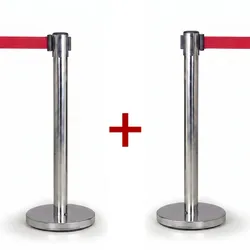 Absperrpfosten mit selbstaufwickelndem Band 1+1 GRATIS,  Edelstahl poliert/rot