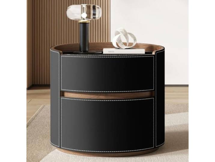 Runder Nachttisch Mit 2 Schubladen Beistelltisch aus Holz Ohne Tischbeine Mit Leder bezogen Leicht zu reinigen for Schlafzimmer und Wohnzimmer Aufbewahrungsschrank(Black)