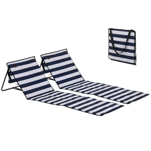 Outsunny 2-delige strandmat met rugleuning, opklapbaar, blauw+wit