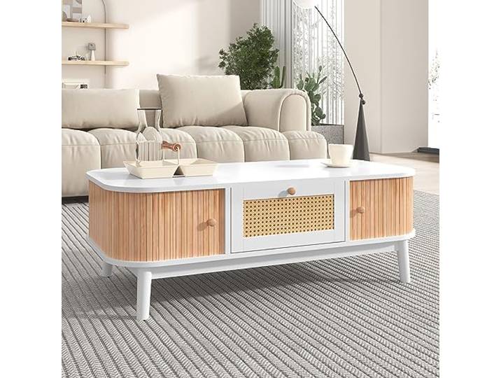 FurnitureR Couchtisch - Rattan-Kaffeetisch, Schubladen mit Rattan und Schiebetüren mit Massivholzlatten, Massivholzbeine, Natürlicher Landhausstil