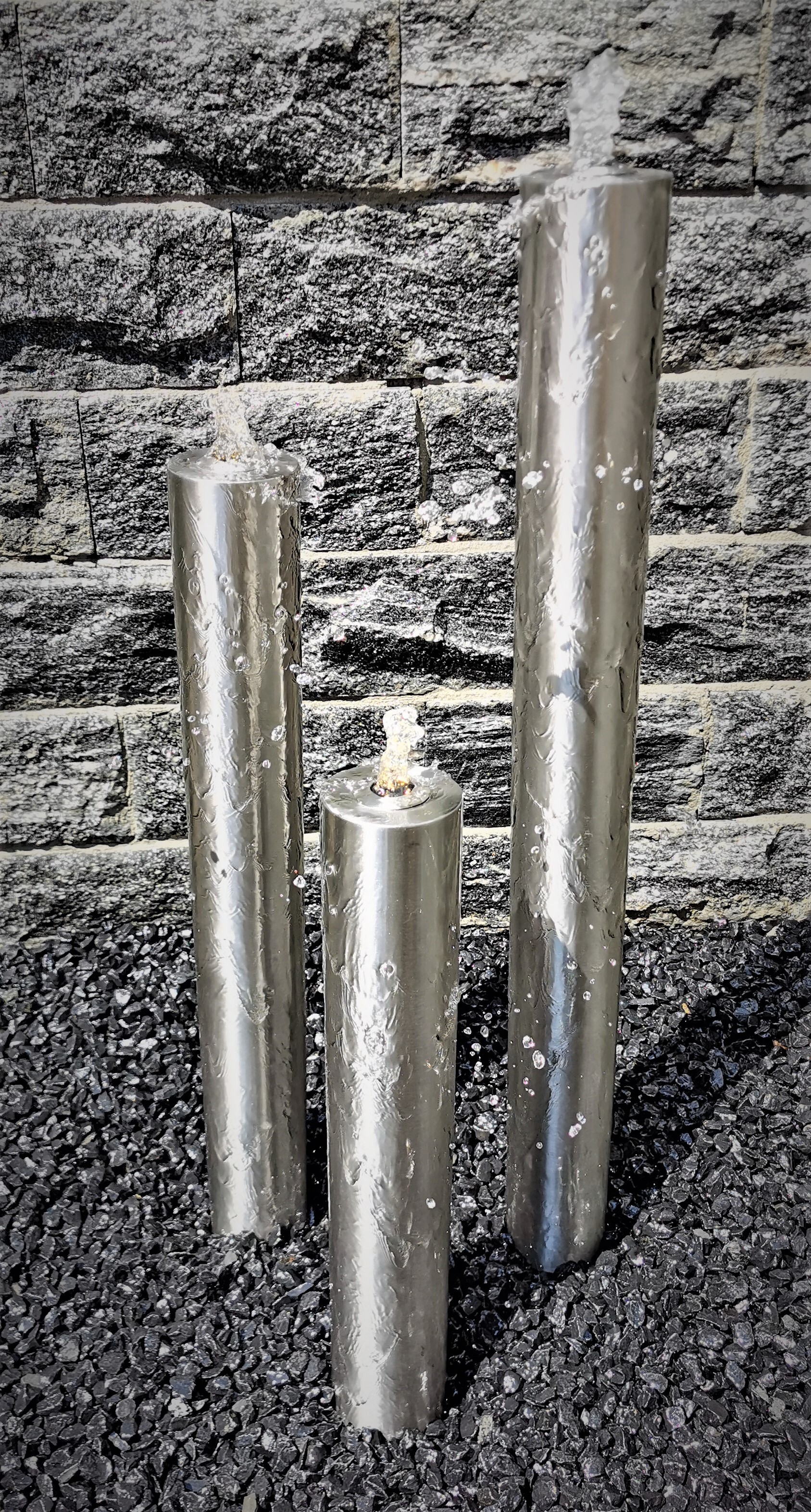 Säulenbrunnen Wasserspiel rund 3er-Set Edelstahl 100/80/60 x 10 cm Komplettset