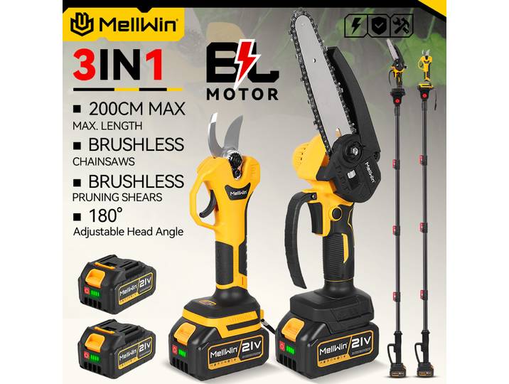MELLWIN Kit de jardinage 4-en-1 sans fil : Scie à chaîne télescopique 6 pouces et sécateur 30 mm pour batterie Makita 18V