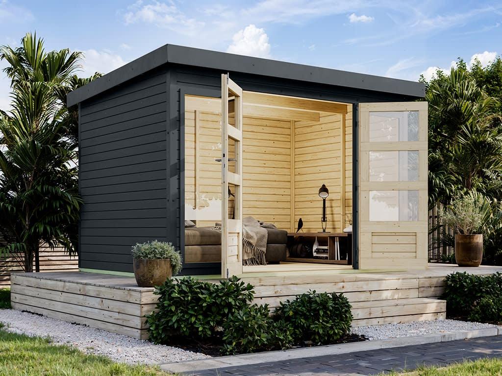 KARIBU Hybridgartenhaus Hera 4 Anthrazit 19 mm, Gartenhaus aus Fichte, Doppelstabmatten Fundament, 4 Fenster, 2 Türen, Wetterschutz Lasur