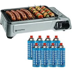 Tragbarer Gasgrill 1900W Antihaft-Grillrost + 8 Butan-Gaskartuschen - Ideal für Camping, Terrasse, Außenbereich KEMPER