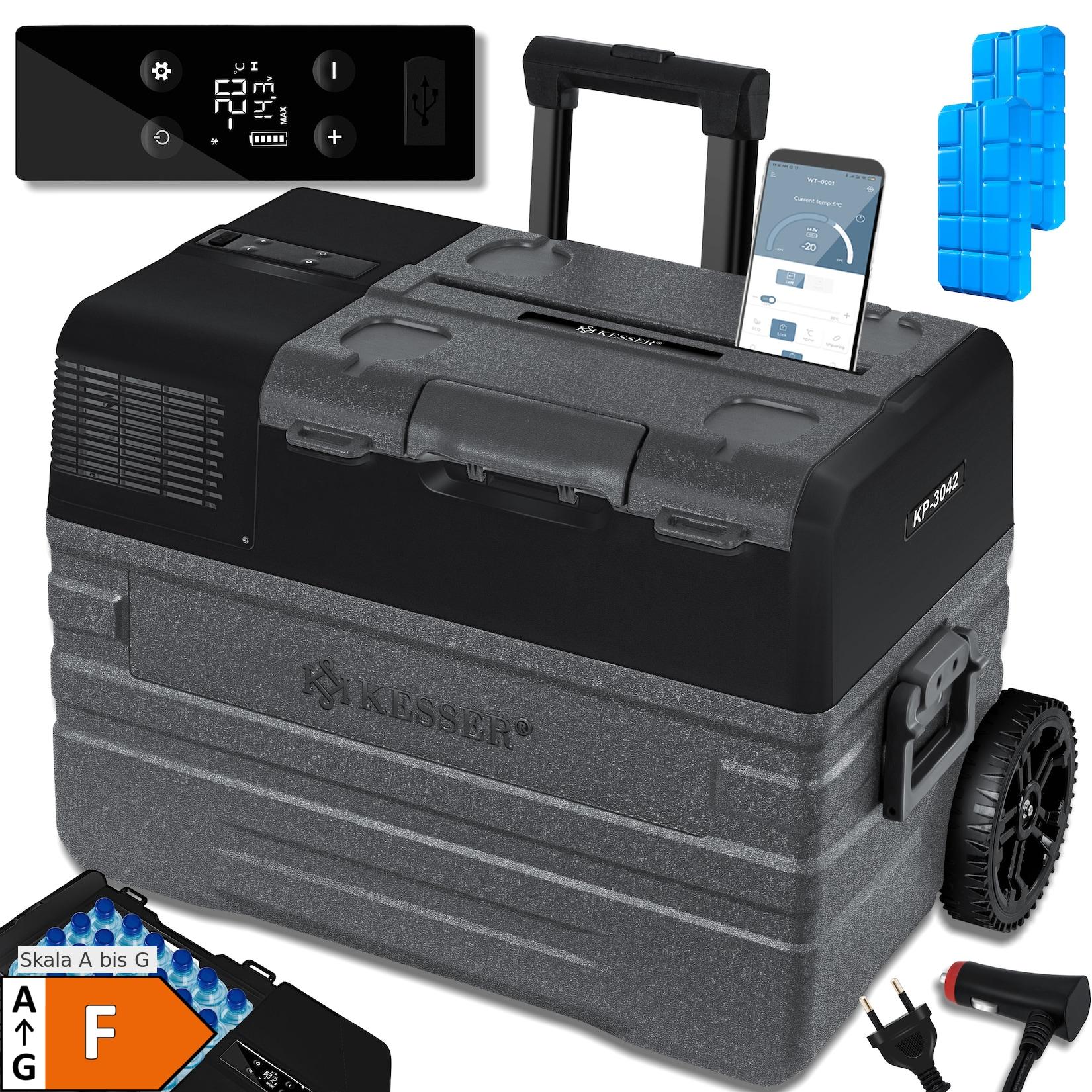 KESSER® Kompressor Kühlbox elektrisch Gefrierbox, Mit APP-Steuerung USB-Anschluss 12/24 V 230V, +Teleskopstange Räder Kühlschrank Kühlung bis -20 °C für Auto, Lkw, Boot, Reisemobil, Camping
