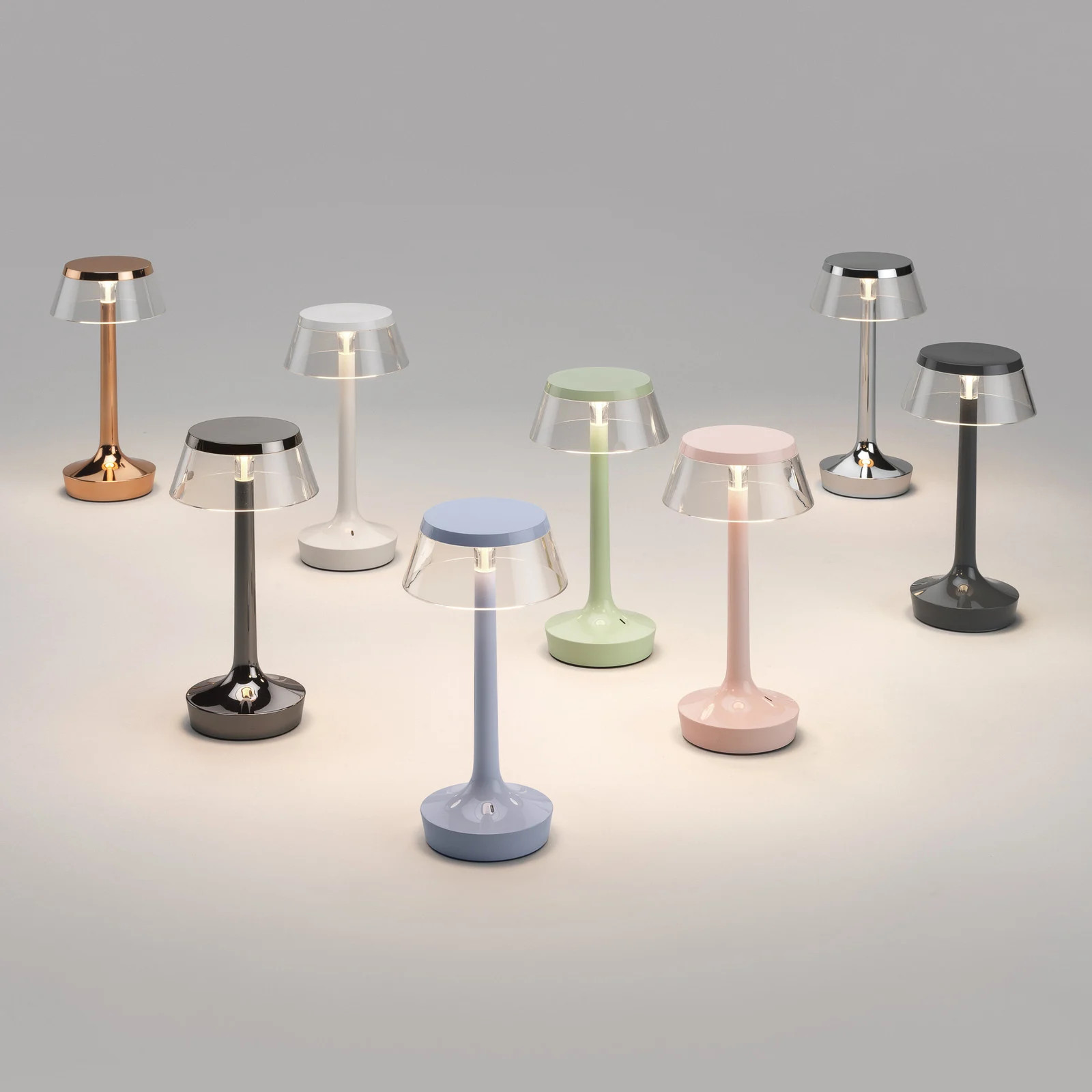 Flos Bon Jour Unplugged tafellamp Copper met transparante kap en oplaadbare batterij