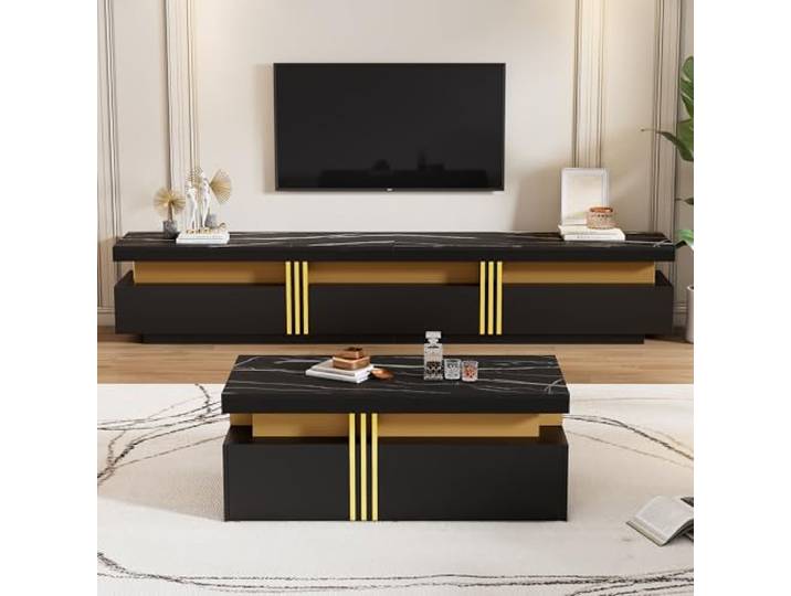 FammyLoft Wohnzimmer Möbel Set, Schwarz TV-Wandschrank-Set, Wohnzimmer-Wandschrank-Set, Couchtisch + TV-Schrank, Multifunktionales Aufbewahrungsset, Tischplatte mit Marmorstruktur