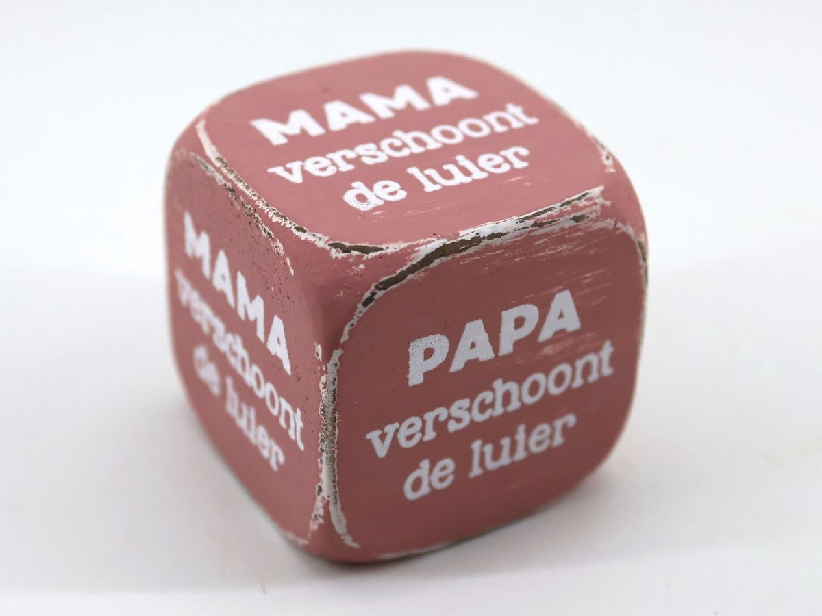 Dobbelsteen Mama Papa verschoont de luier Roze 8 x 8 cm