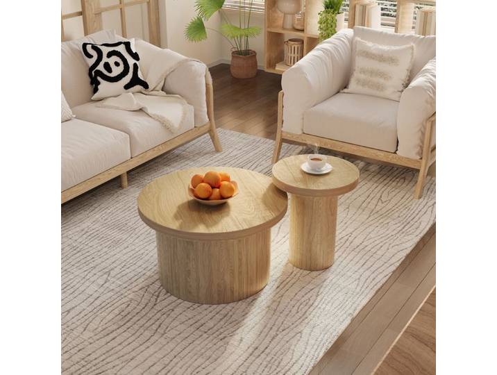 Table basse table ronde double table d'appoint avec plateaux en bois naturel table de salon multifonctionnelle Naturel - 66/40cm