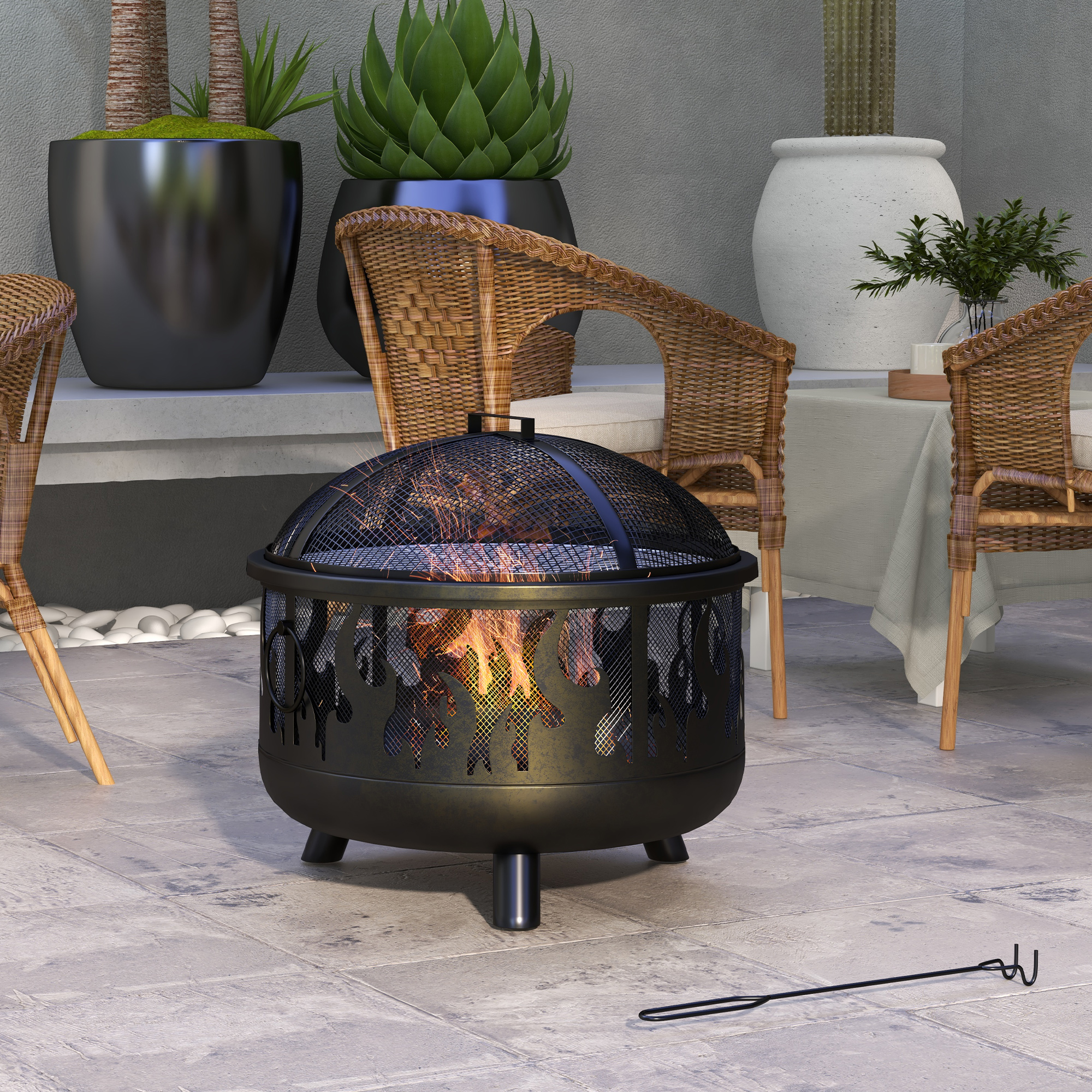 Outsunny Braciere focolare, incl. parascintille, 1 attizzatoio, Ø61,5 cm x 52 cm, Nero   Aosom Italy