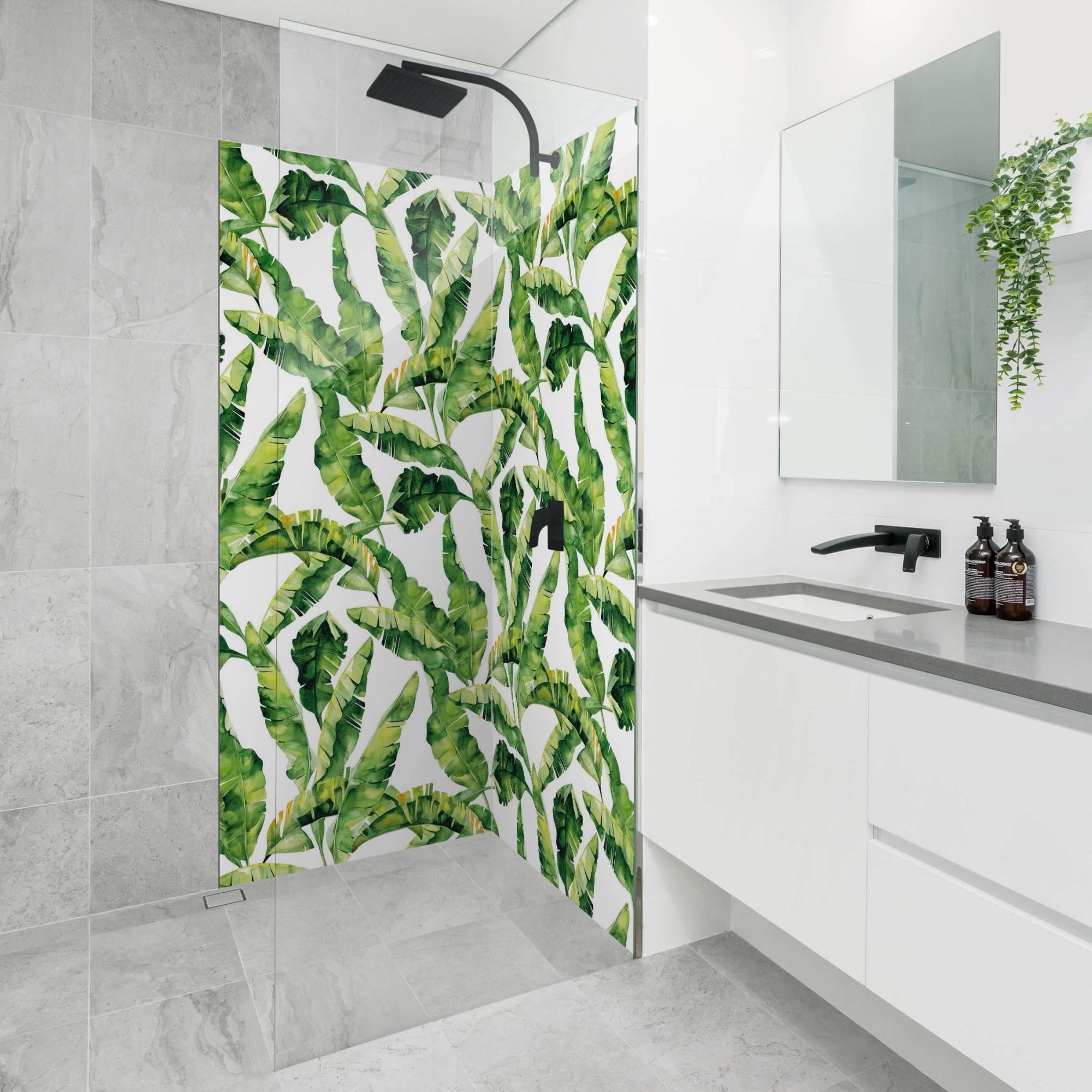 Duschrückwand Muster selbstklebend - 0.61 mm Wandpaneel wasserfest Pflanzen grün Aquarell Tropisch Badrückwand fugenlos Premium matt 100x210 cm