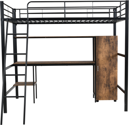 Eisenbett 90x200cm Ohne Matratze Schwarz Etagenbett Mit Tisch Kleiderschrank 4-stufiger Leiter Ablagefaecher Fuer Kinder und Heranwachsende