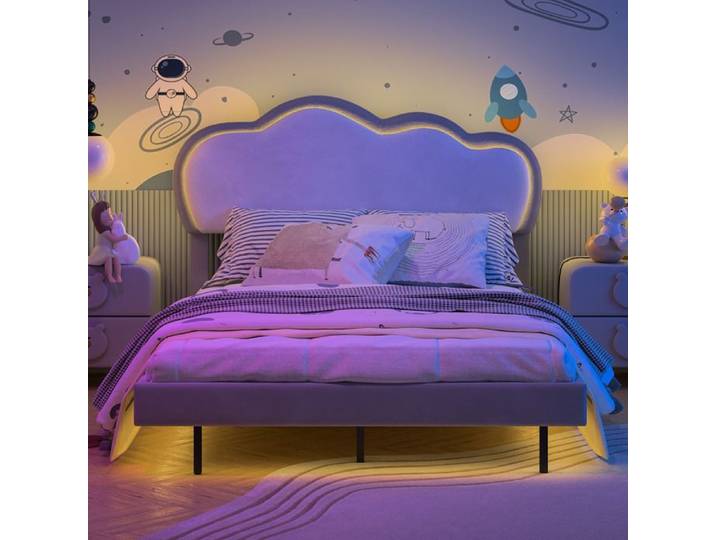 Lit simple capitonné 140x200 cm pour enfant lit fille avec éclairage LED et application de contrôle lit enfant design couronne