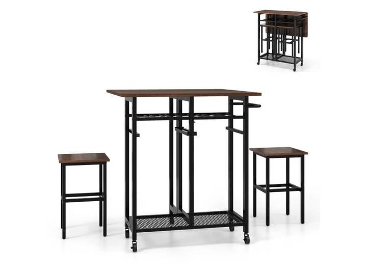 COSTWAY Ensemble de Table à Manger Extensible 3 Pièces avec 2 Tabourets Roues Verrouillables Étagères de rangement Marron