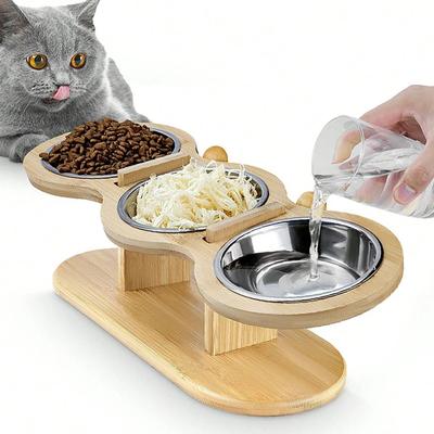Inspired Living 15 Tilted Elevated Cat Bowl With 3 Stainless Steel Bowls 15 Tilted Elevated Cat Bowl With 3 Stainless Steel Bowls