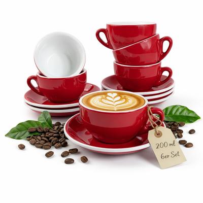 Muvell 6er Cappuccino / Kaffee-Set "Rom" inkl. Tasse 200ml + Untertasse 16cm, rot