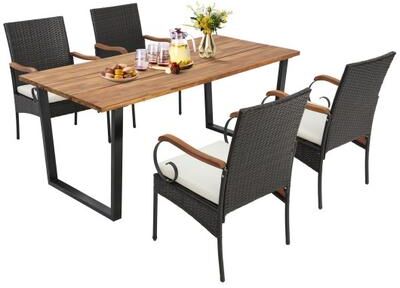 Costway 5 Pieces Patio Rattan Dining Set with Umbrella Hole for Poolside Backyard
