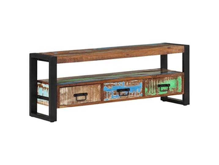 HEFZGDB TV-Schrank 120x30x45 cm aus Massivholz Altholz Antik-Stil mit 3 Schubladen und 1 offenem Fach, Industriestil Vintage Möbelstück für Wohnzimmer Aufbewahrung