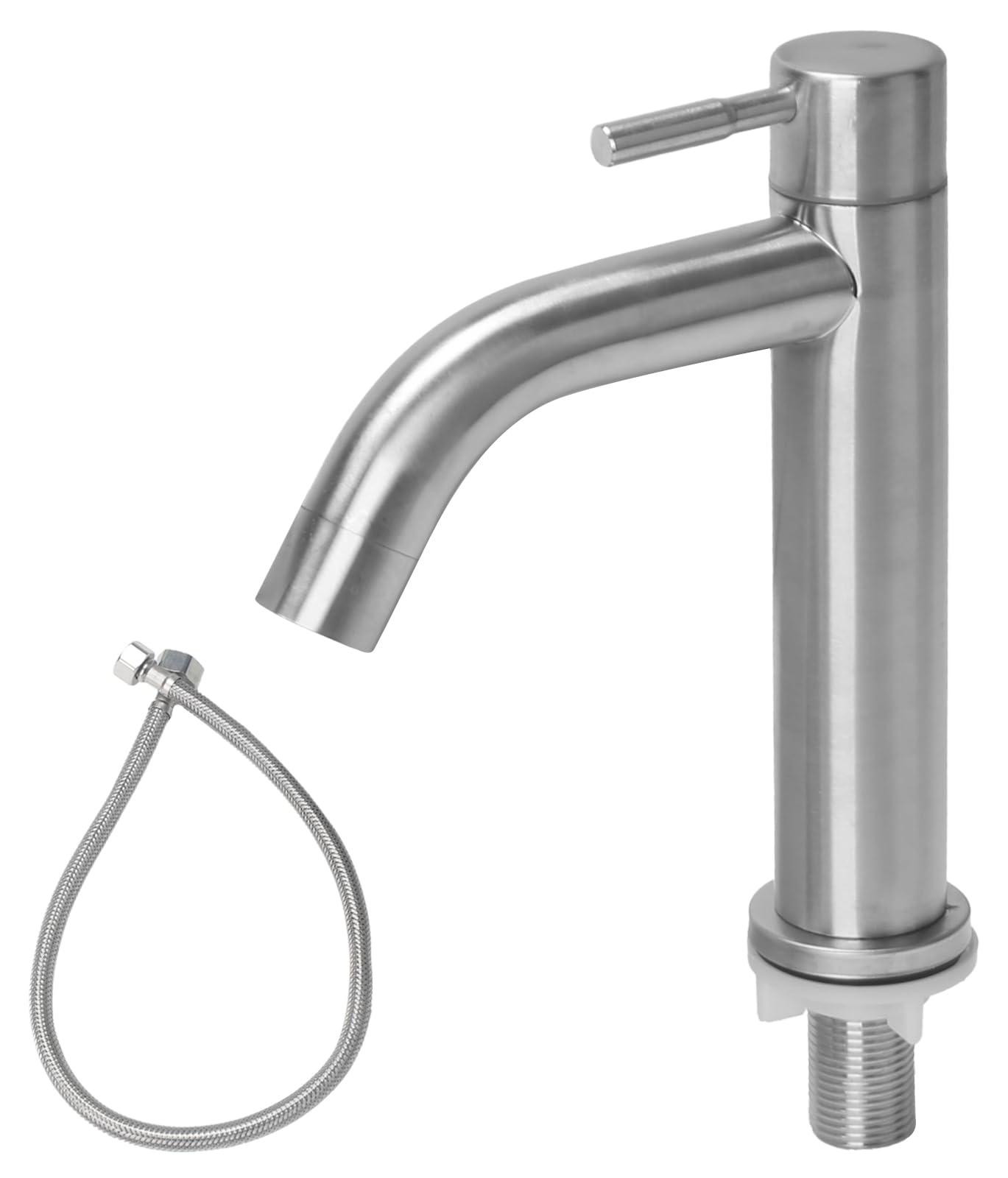 Zilverkleurige RVS koudwaterkraan met flexibele slang voor badkamer en keuken