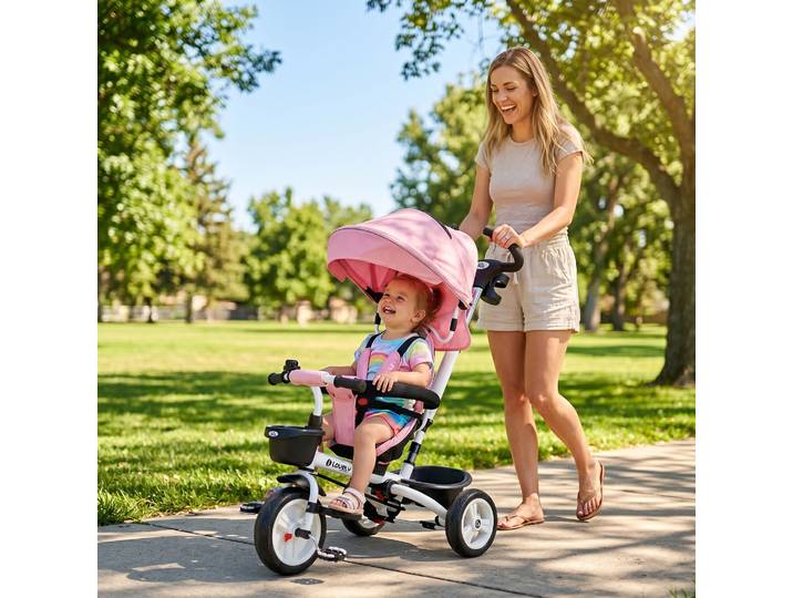 HOMCOM Tricycle bébé évolutif 6 en 1, tricycle enfant pliable, poignée parentale, siège réversible, 112x50x104cm, rose