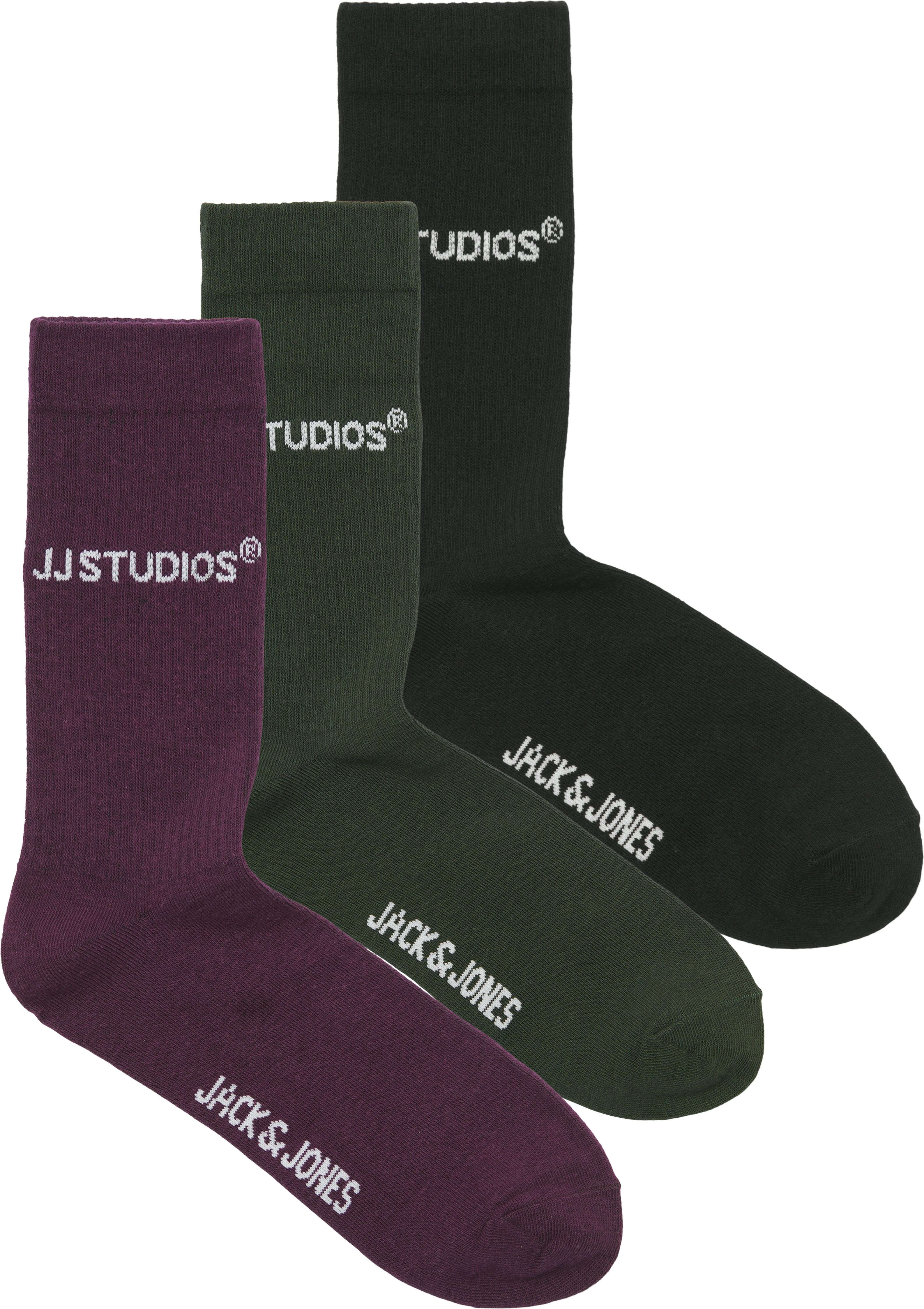 Freizeitsocken JACK & JONES "JACSOHO TENNIS SOCKS 3 PACK NOOS", Herren, schwarz (duffel bag pack:schwarz, plum perfect), Baumwollmischung, unifarben, Socken Freizeitsocken, mit Logostickerei duffel bag pack:schwarz, plum perfect Einheitsgröße