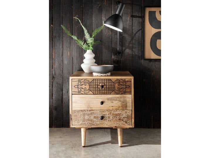 Nachtkommode 50x55cm 'Lyn' Mangoholz mit schwarzen Ornamenten