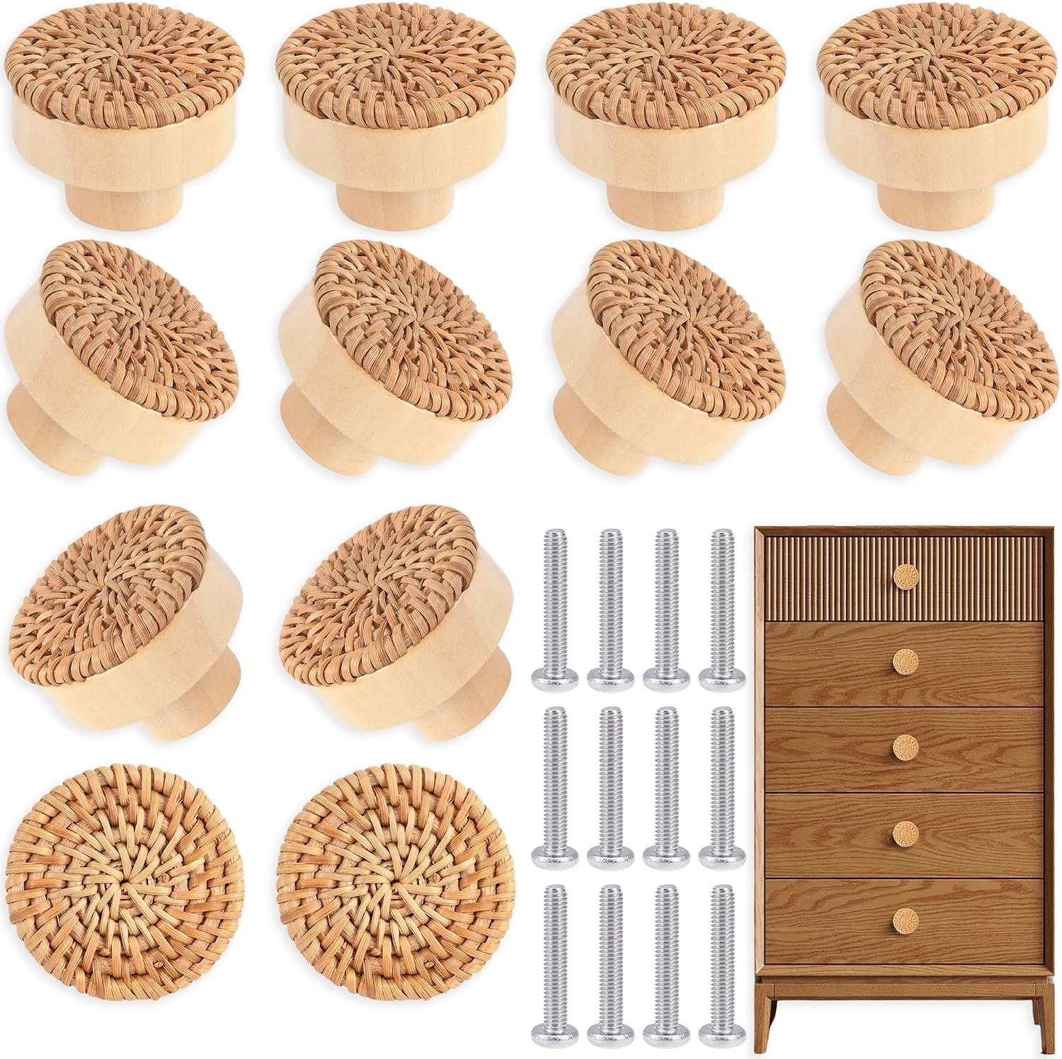 Set van 12 Rotan Meubelgrepen - Boho Houten Kastknoppen