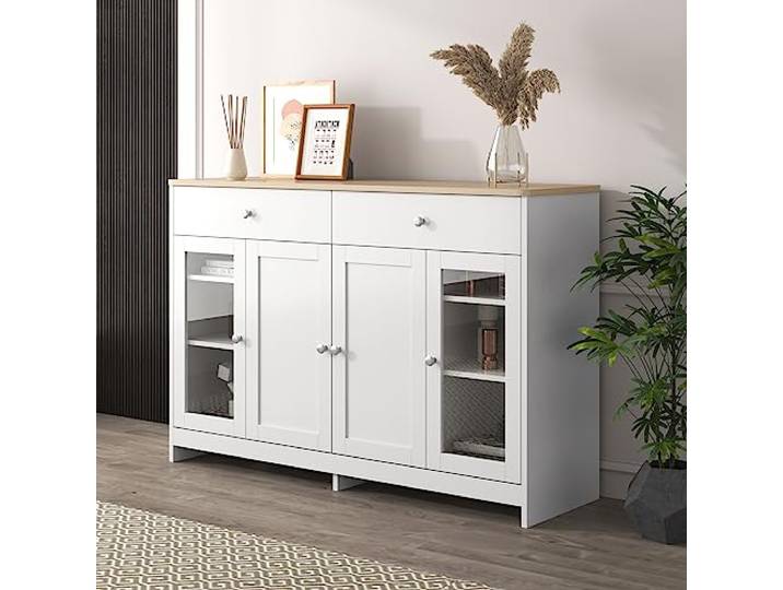 FurnitureR Moderne weiße Anrichte, Holzwerkstoff, Glasfenster, minimalistisch, vielseitige Lagerlösung, stilvolles Design für Wohnzimmer