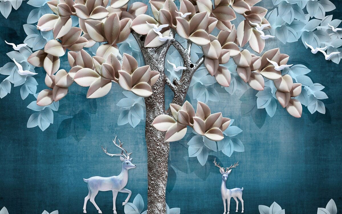 Fototapete PAPERMOON "Muster mit Blumen und Hirschen", bunt, B:1,5m L:1,11m, Vlies, Tapeten, Fototapete