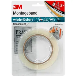3M Montageband wiederlösbar, Transparent, 19 mm x 5 m, 0,8 mm