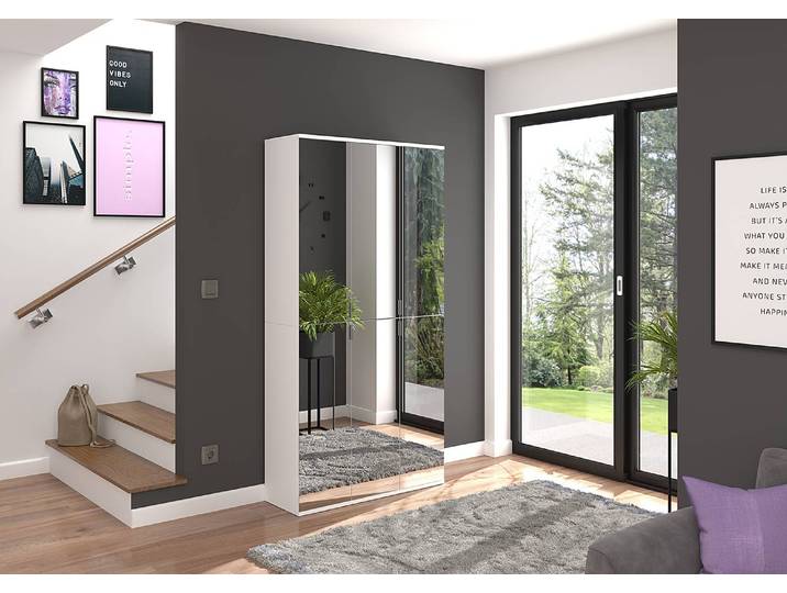Garderobenschrank Typ A 30cm Weiß/Weiß mit Spiegeltür/-en