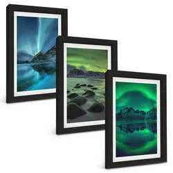 BILDER SET 3er Set - 20x30 cm Schwarzer Rahmen - Winterlandschaft der Aurora borealis