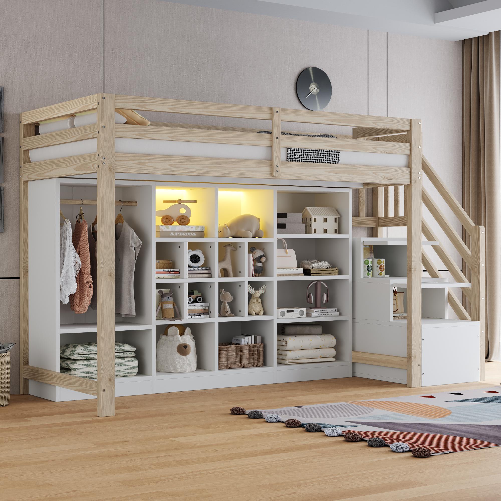 okwish Hochbett 90x200 Jugendbett mit LED-Beleuchtung und Kleiderschrank,Einzelbett mit Stauraumregale und Integrierter Seitenleiter mit Stauraum,Natur+Weiß(ohne Matratze)