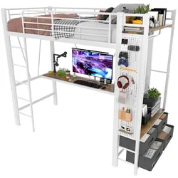 OKWISH Hochbett 90x200 cm aus Eisen mit Schreibtisch und LED-Beleuchtung – praktische Aufbewahrungslösung in Weiß