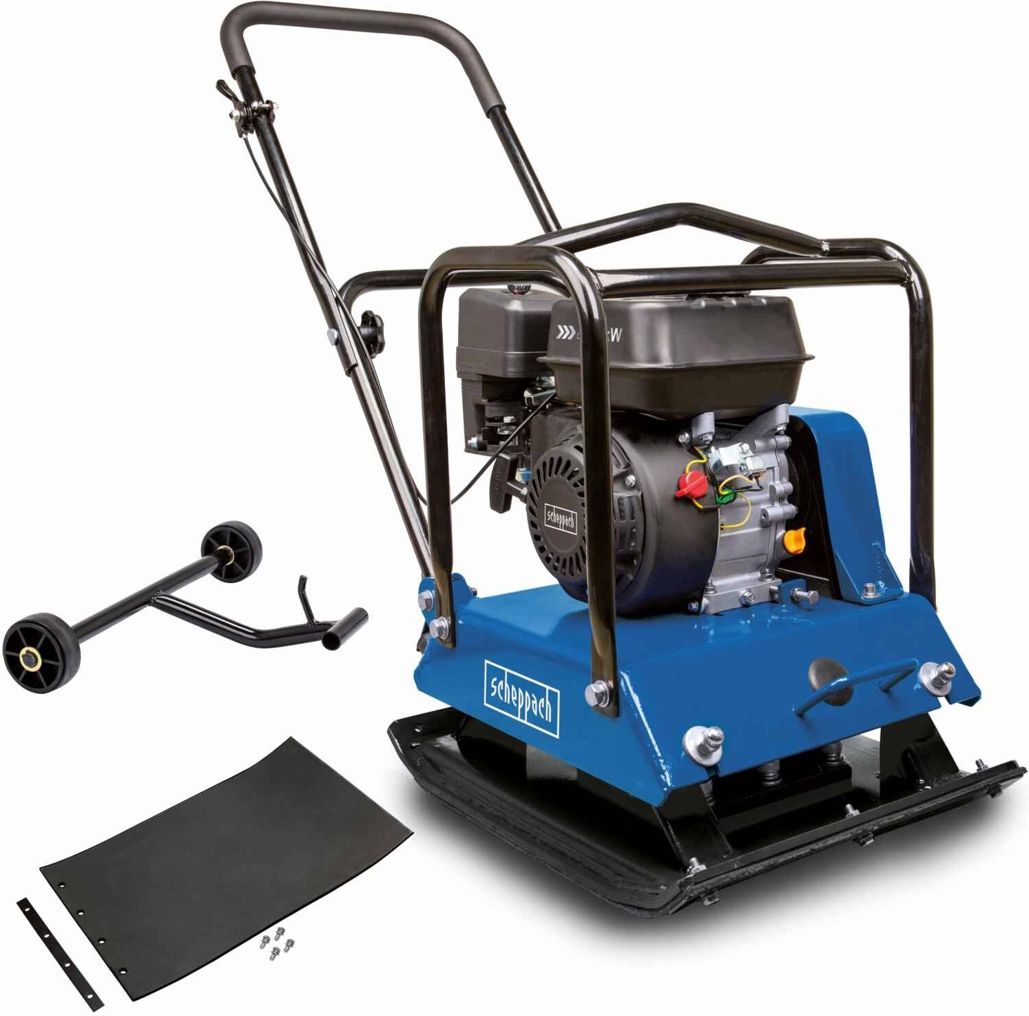Scheppach Rüttelplatte HP2200S | 5,6 PS Benzinmotor | 25 kN Verdichtungsdruck | 550 x 440 mm Plattengröße | inkl. Fahrvorrichtung und Gummimatte
