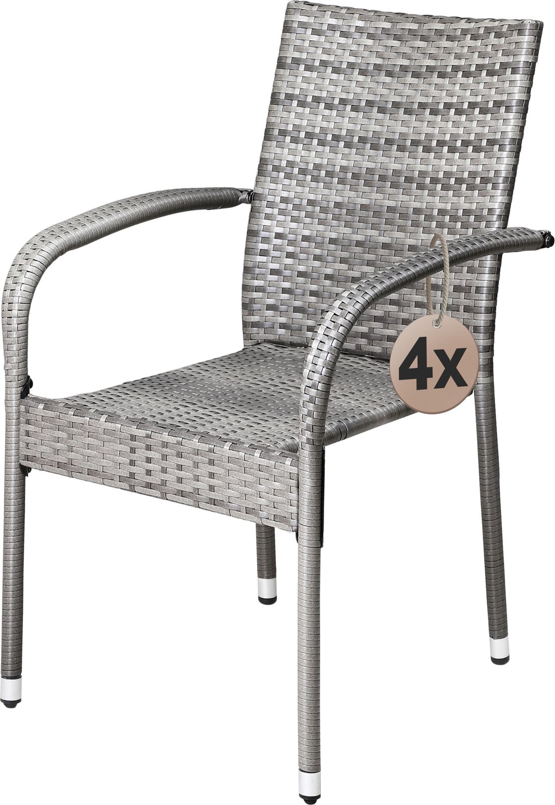 Casaria Set van 4 Polyrotan Tuinstoelen met Armleuningen, Stapelbaar, Grijs