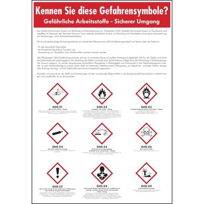 Aushang, Gefährliche Arbeitsstoffe - Sicherer Umgang - GHS Symbole - 410x595x1.5 mm Kunststoff