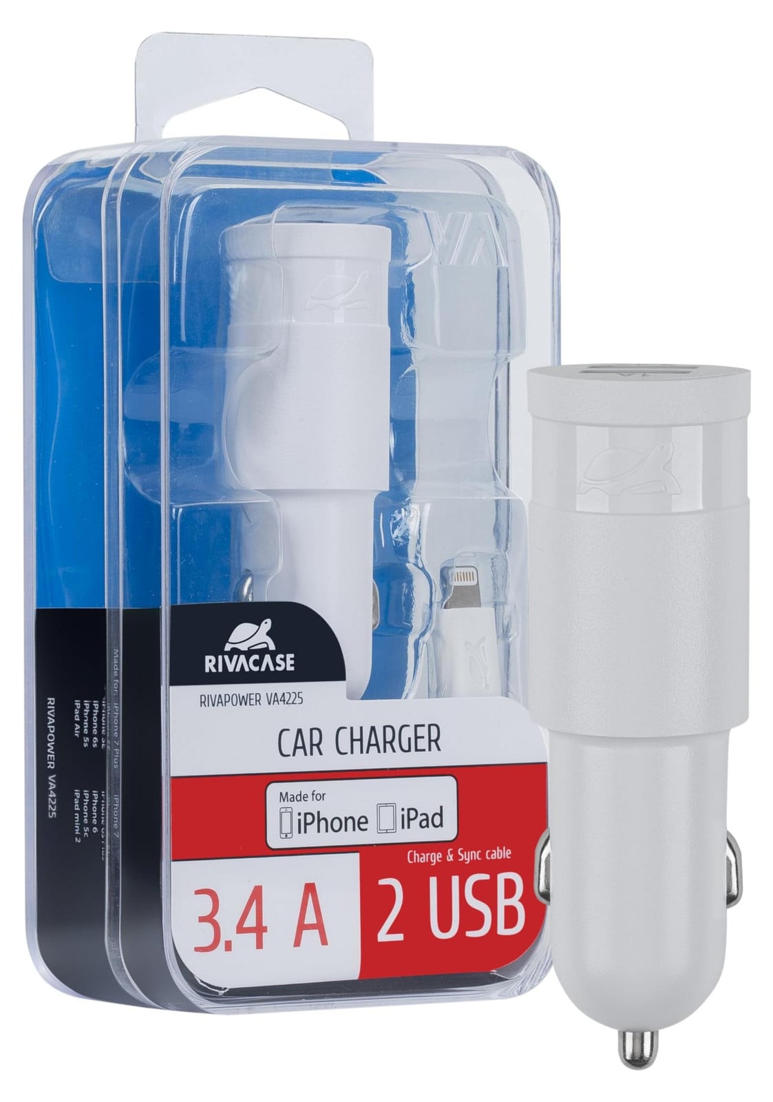 Dripio Autolader met 2 USB-poorten, 12-24 V, 5 V/3400 mA, 1,2 meter, wit