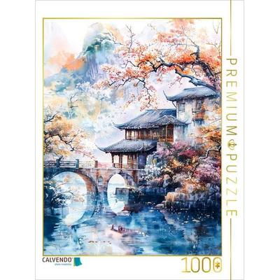 CALVENDO Puzzle Bergdorf mit Brücke. Chinesische Häuser. Aquarellmalerei | 1000 Teile Lege-Größe 64x48cm Foto-Puzzle für glückliche Stunden