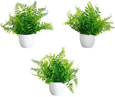 Nearly Natural 7-in Artificial Fern in White Round Pot - Set of 3