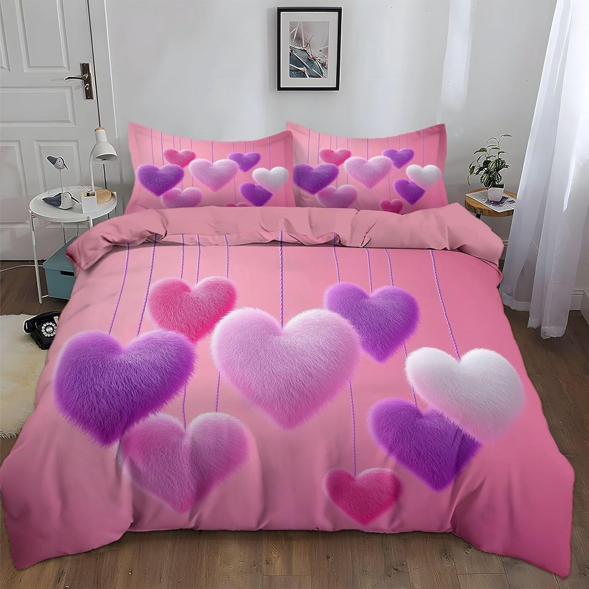 Lichtroze Dekbedovertrek set met hartjes design - Omkeerbaar beddengoed - 200 x 200 cm