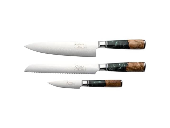 Katana Saya Elements 3-teiliges Messerset, Regenwaldgrün – VG-10-Damaststahl mit hohem Kohlenstoffgehalt für extreme Robustheit und Schärfe – Griff aus natürlichem Olivenholz und Harz