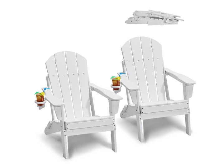 SucceBuy Ensemble de 2 chaises Adirondack en plastique, chaise pliante portable résistante aux intempéries, chaise de patio extérieure Adirondack avec porte-gobelet