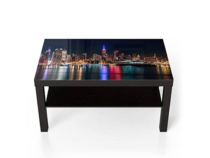 DEQORI Glastisch schwarz groß 90x50 cm Motiv Chicago bei Nacht ausgefallener Beistelltisch aus Glas Hochglanz Couchtisch fürs Wohnzimmer moderner Couch Tisch mit Design