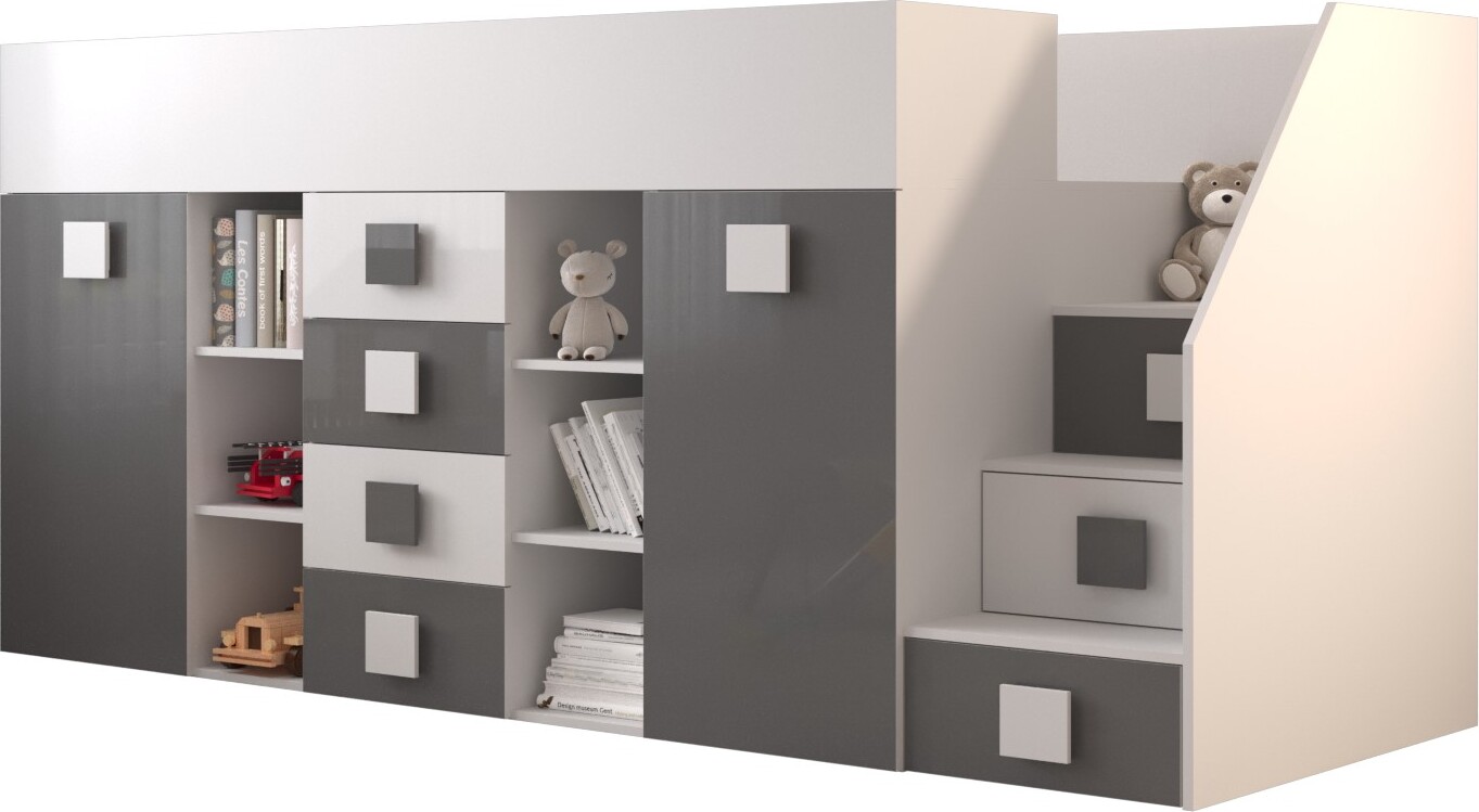 Etagenbett für Kinder Toledo 3 Stockbett mit Treppe, Schreibtisch, Bettkasten (Weiß/Weiß Glanz + Grau Glanz, Seite: Rechts)